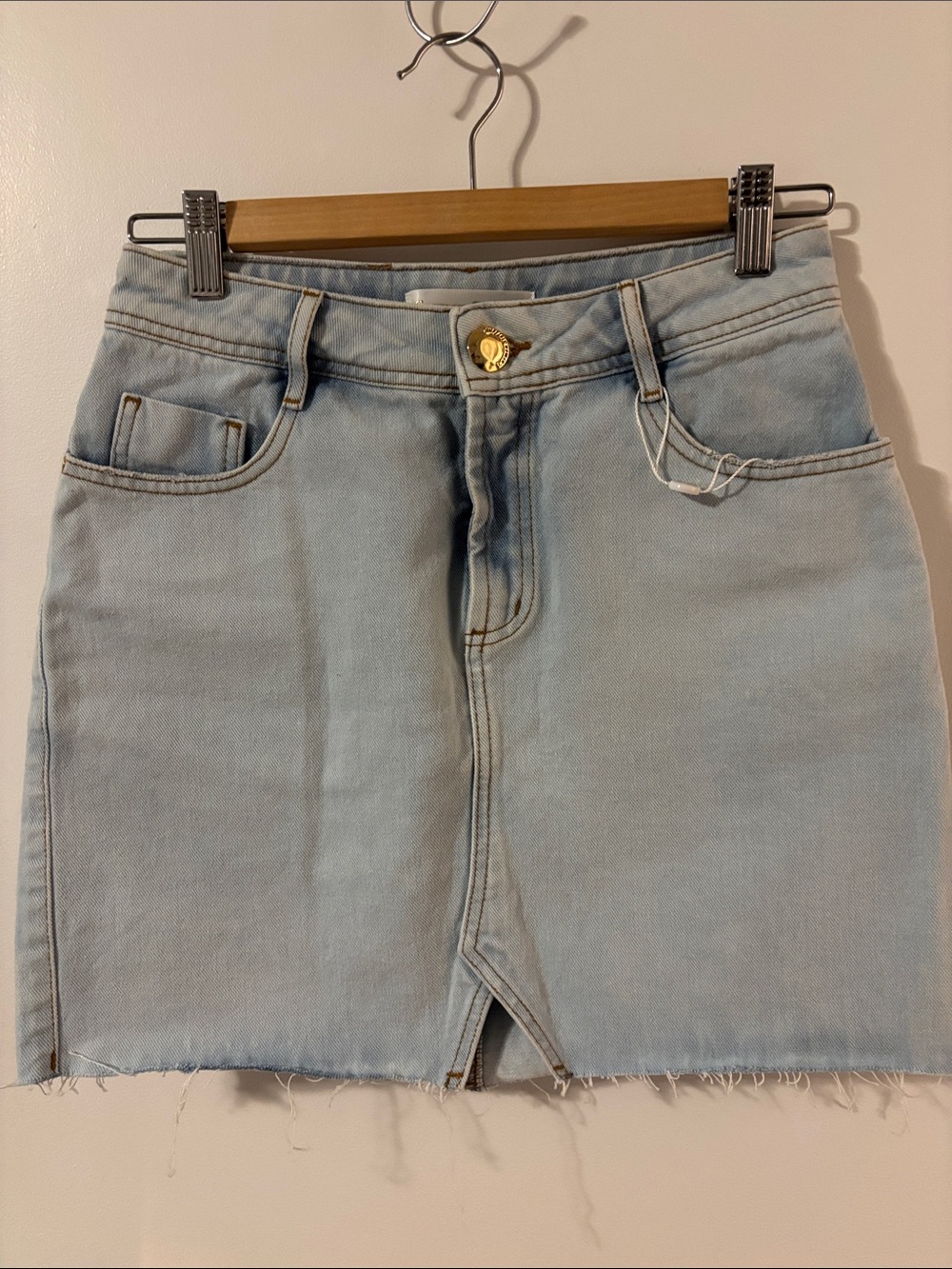 Carmen Steffens Premium Light Wash Denim Mini Skirt with Gold Button
